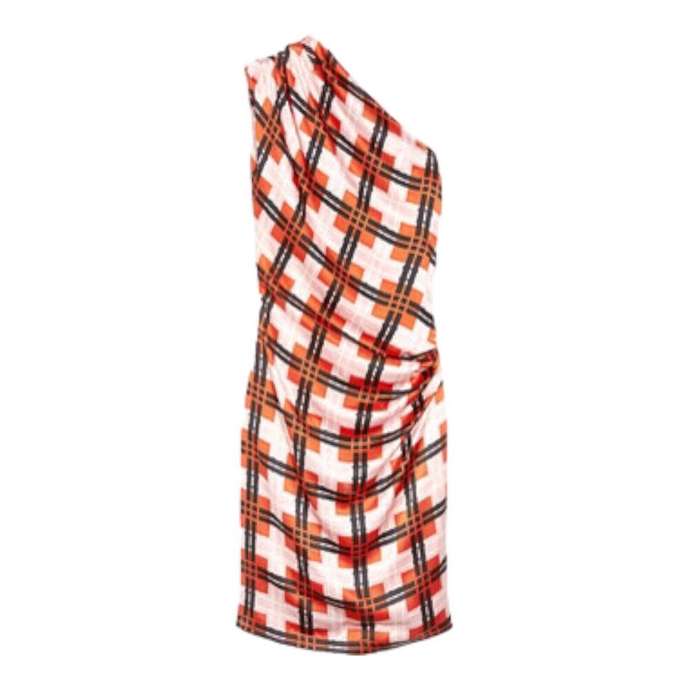 Thakoon Check-Print Silk-Satin Dress One Shoulder Size 6 Knee Length